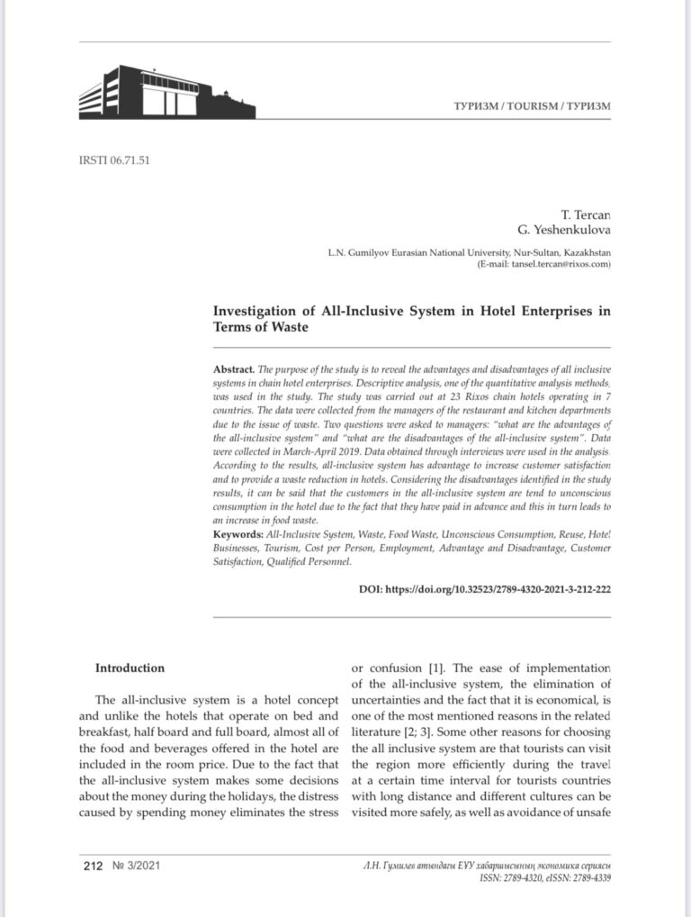 Investigation of All-Inclusive System in Hotel Enterprises in Terms of Waste