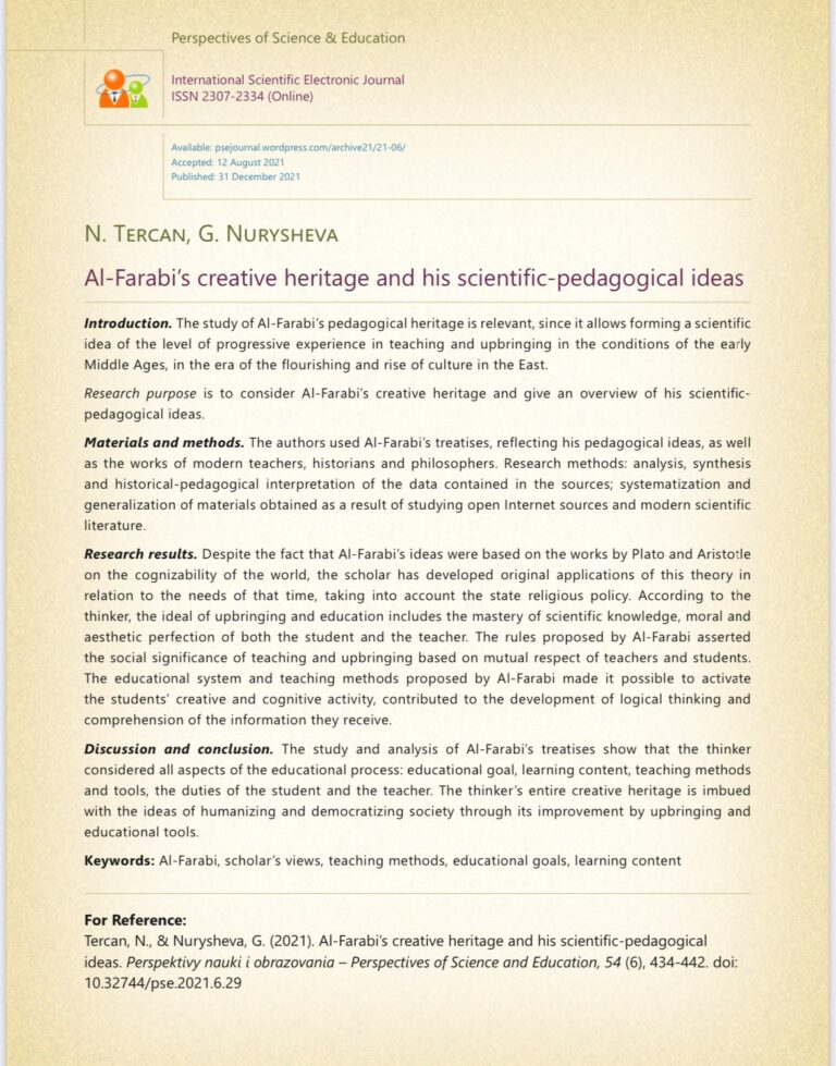 Al-Farabi’s creative heritage and his scientific-pedagogical ideas